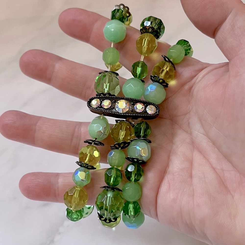🌸3/$25 Vintage Triple Strand Green Beaded Rhinestone Stretch Bracelet Faceted - Picture 12 of 16
